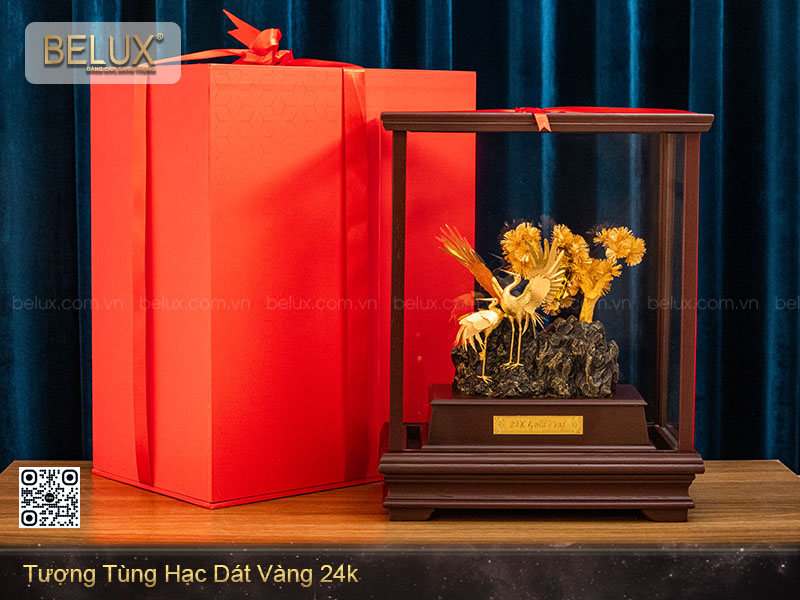 Tượng Tùng Hạc Dát Vàng 24k Cao 36cm Mẫu 2